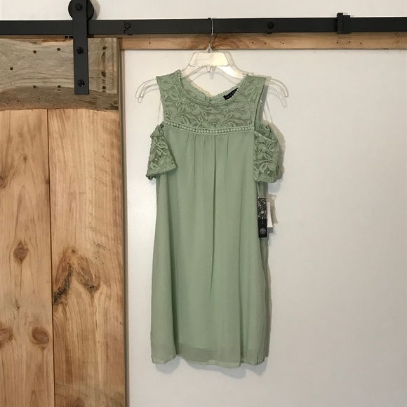 Mint Green Pastel Chiffon Off Shoulder Lace Dress - Picture 1 of 6